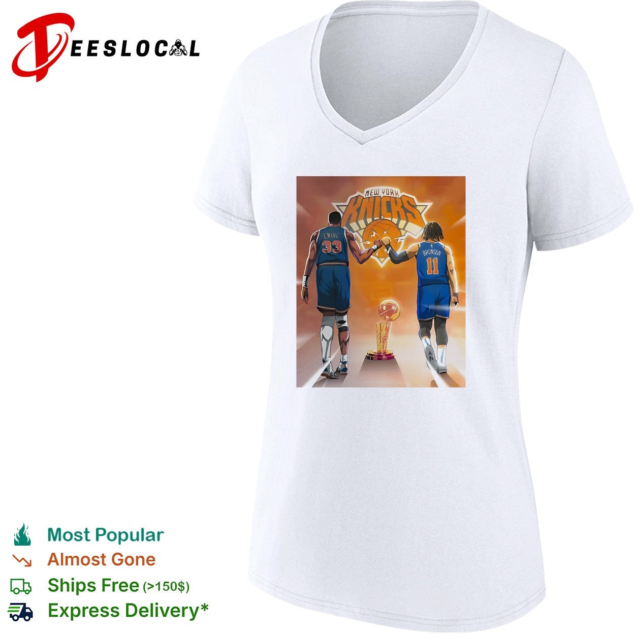 New York Knicks Patrick Ewing and Jalen Brunson walking with championship trophy shirt
