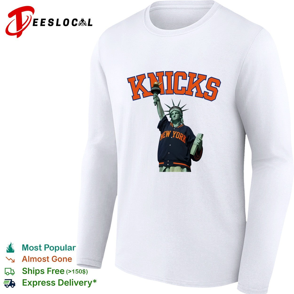 New York Knicks Statue of Liberty wearing varsity jacket bold arch text shirt