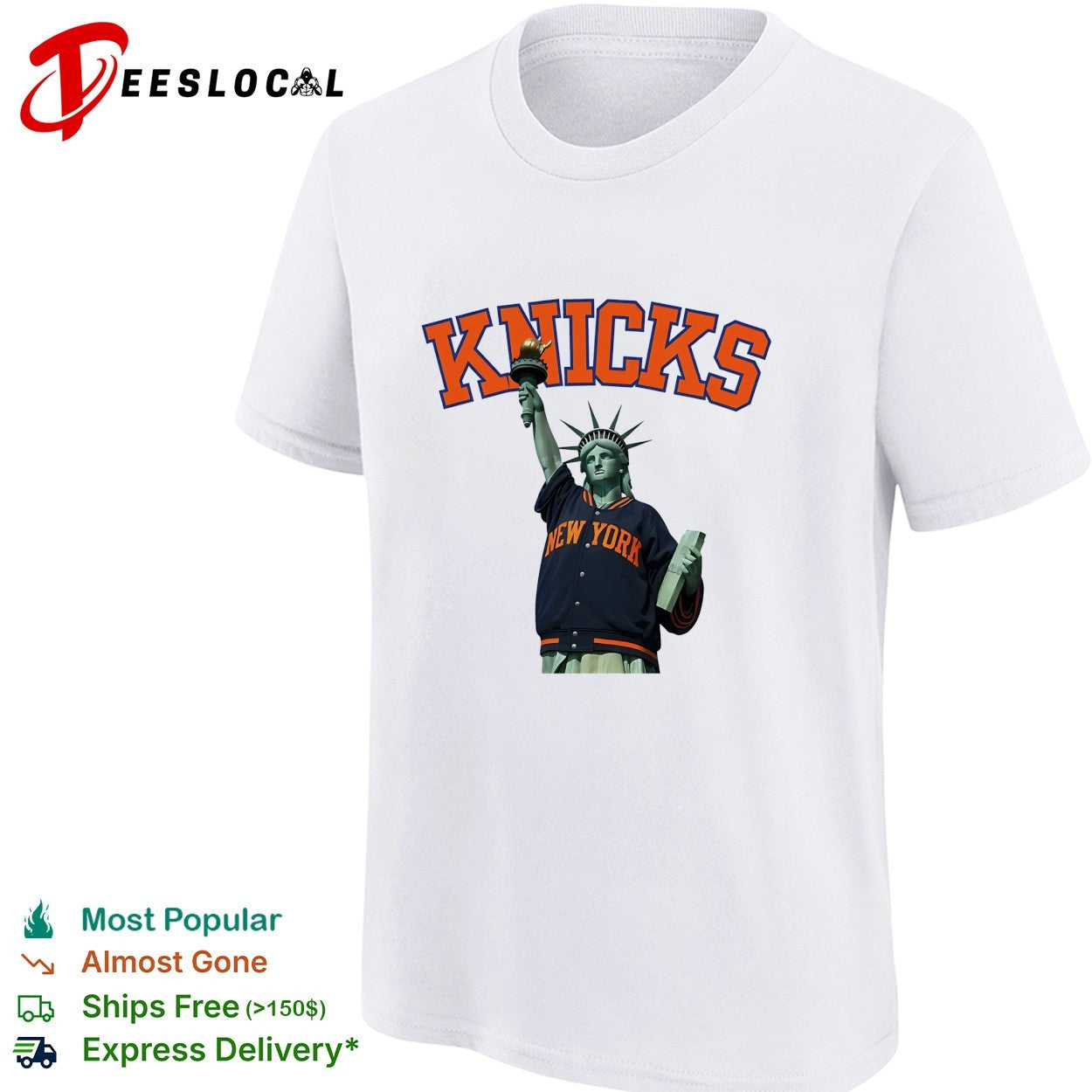 New York Knicks Statue of Liberty wearing varsity jacket bold arch text shirt