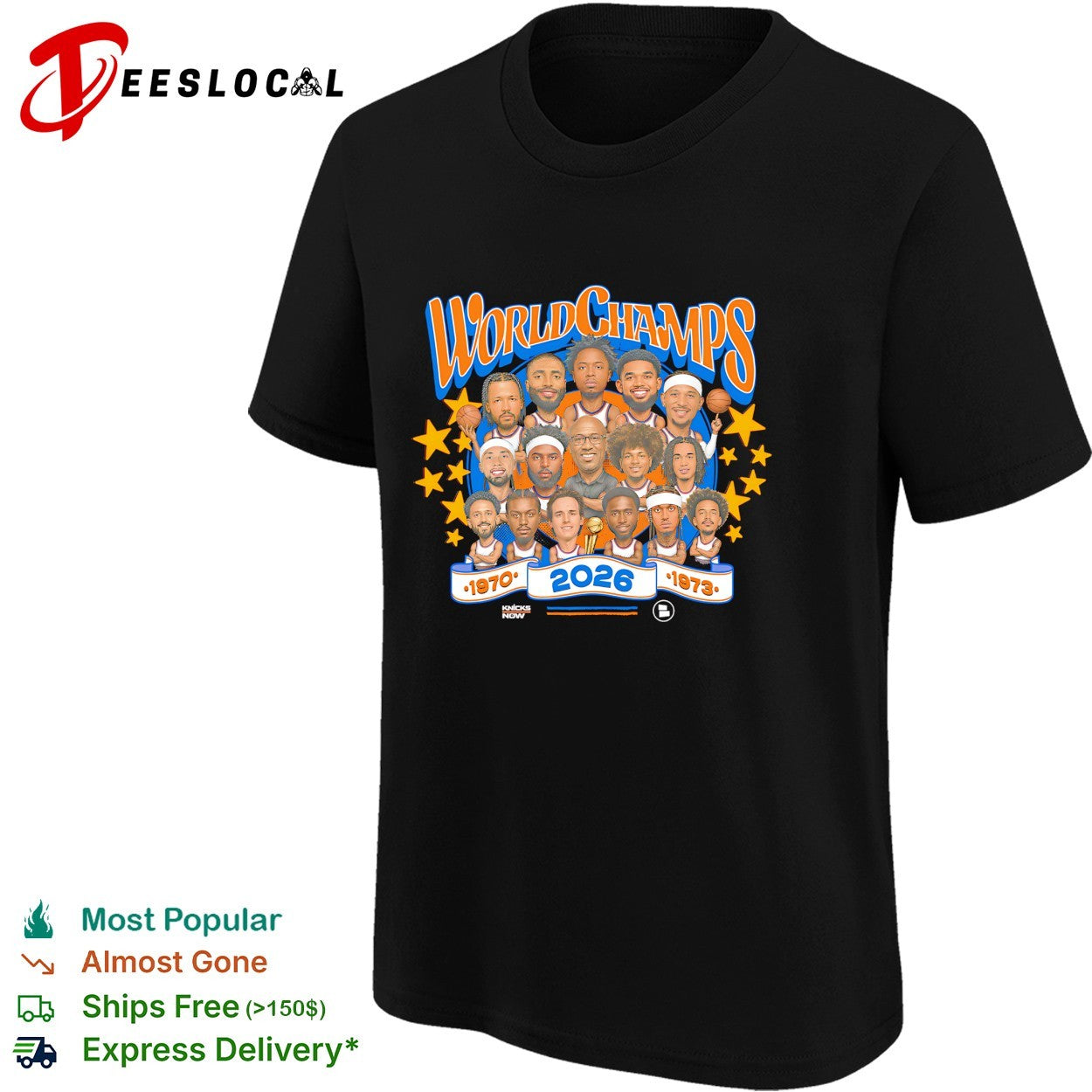 New York Knicks World Champs 2026 all players caricature banner 1970 1973 history shirt