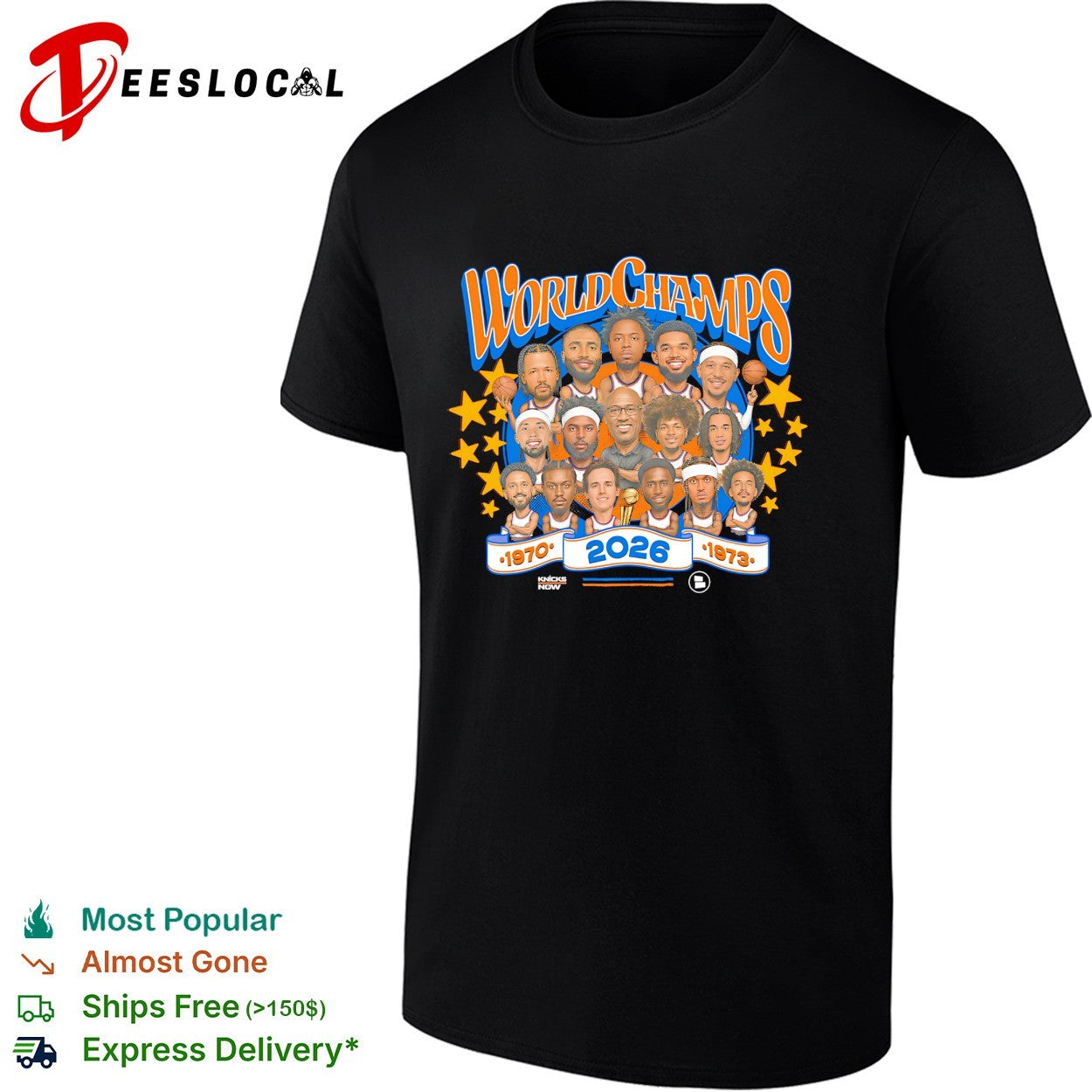 New York Knicks World Champs 2026 all players caricature banner 1970 1973 history shirt