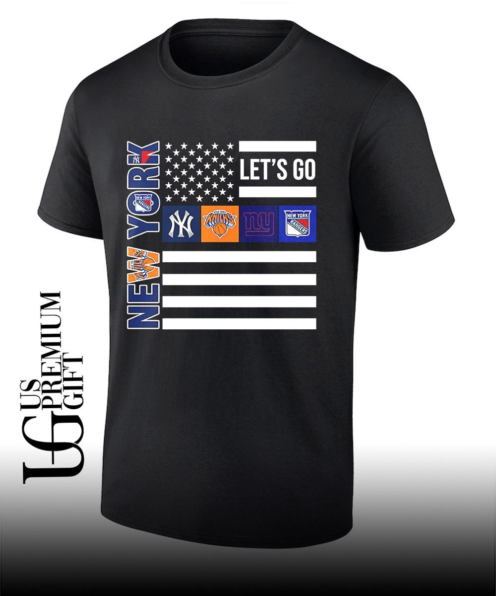 New York Sport Teams Yankees Knicks Giants Rangers American Flag shirt