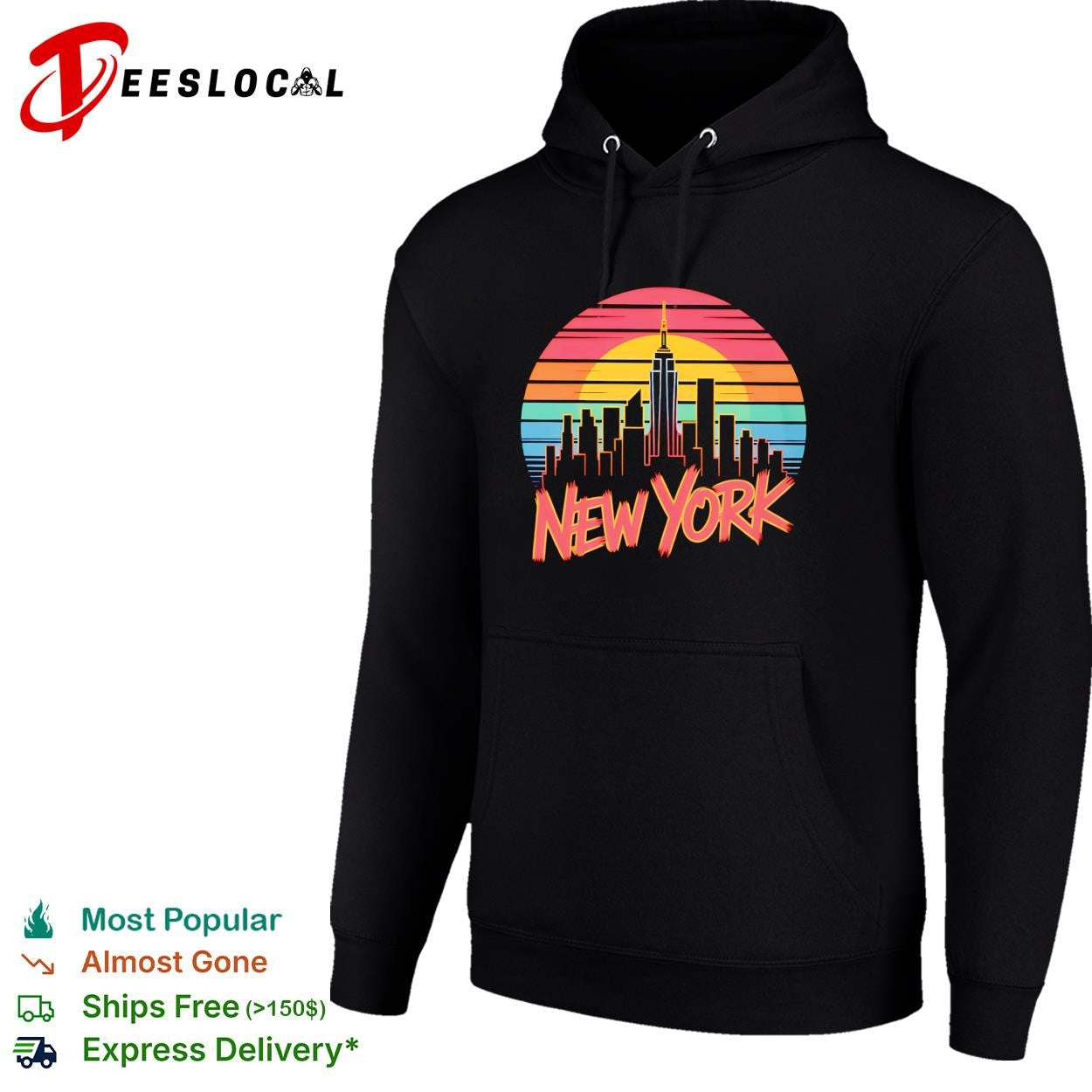 New York skyline city silhouette sunset retro color stripes lettering graphic shirt