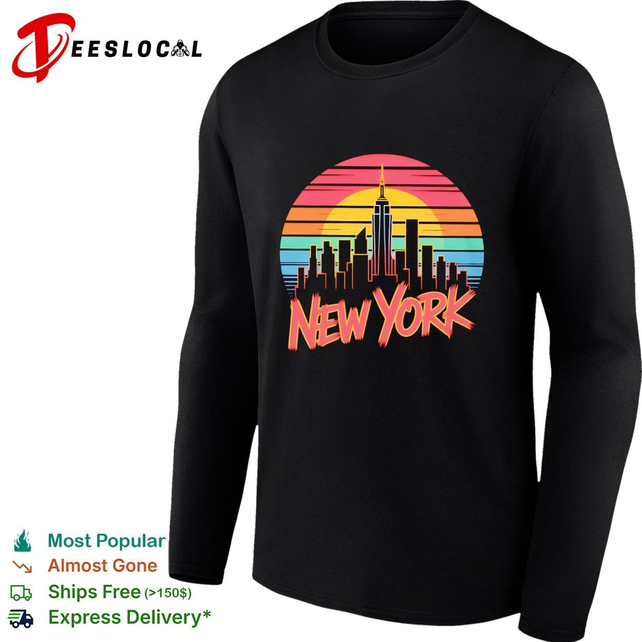 New York skyline city silhouette sunset retro color stripes lettering graphic shirt