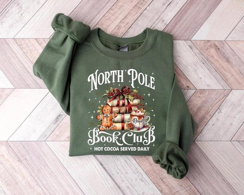 North Pole Book Club Sweatshirt, Bookish Christmas Sweater, North Pole Christmas Gingerbread Hoodie, Shirt for Book Lovers