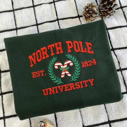 North Pole University Embroidered Sweatshirt - Candy Cane Christmas Sweatshirt - Christmas Embroidered Sweater