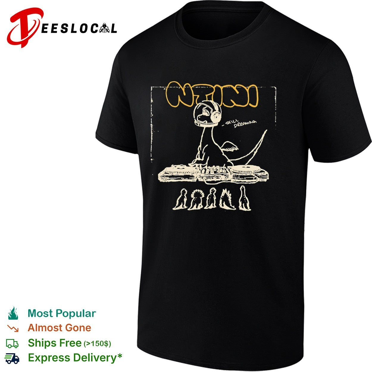Ntini Still Dreaming Dinosaur DJ Turntables Space Helmet Music shirt