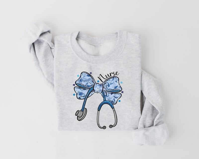 Nurse Bow Sweatshirt, Coquette Bow Nurse Crewneck, Shirt Gift For Women, Nurse Floral Sweatshirt, RN ER Sweatshirt