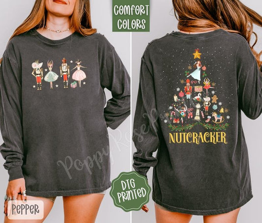Nutcracker Front & Back Comfort Colors Long Sleeve T-Shirt, Cute Women's Christmas Tee