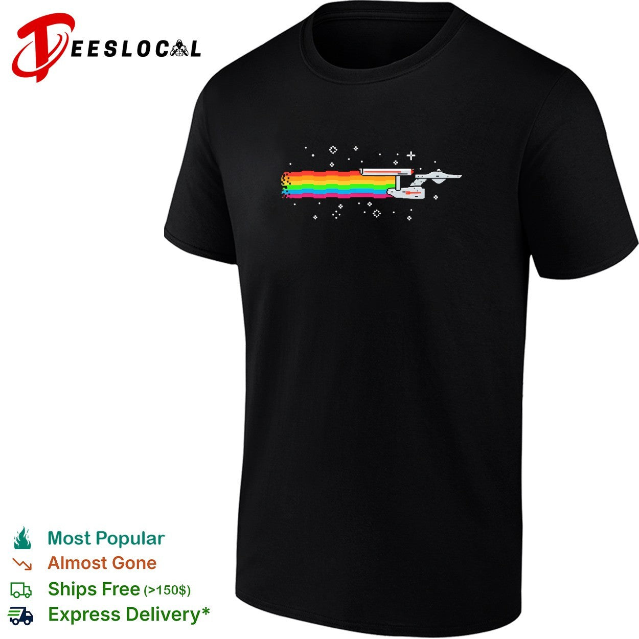 Nyan cat rainbow pixel art space sci-fi starship shirt