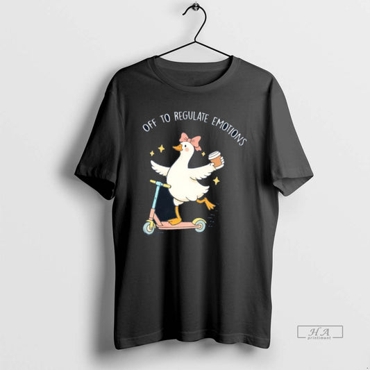 Official Goose Driving Scooter And Holding Coffee Cup Off To Regulate Emotions