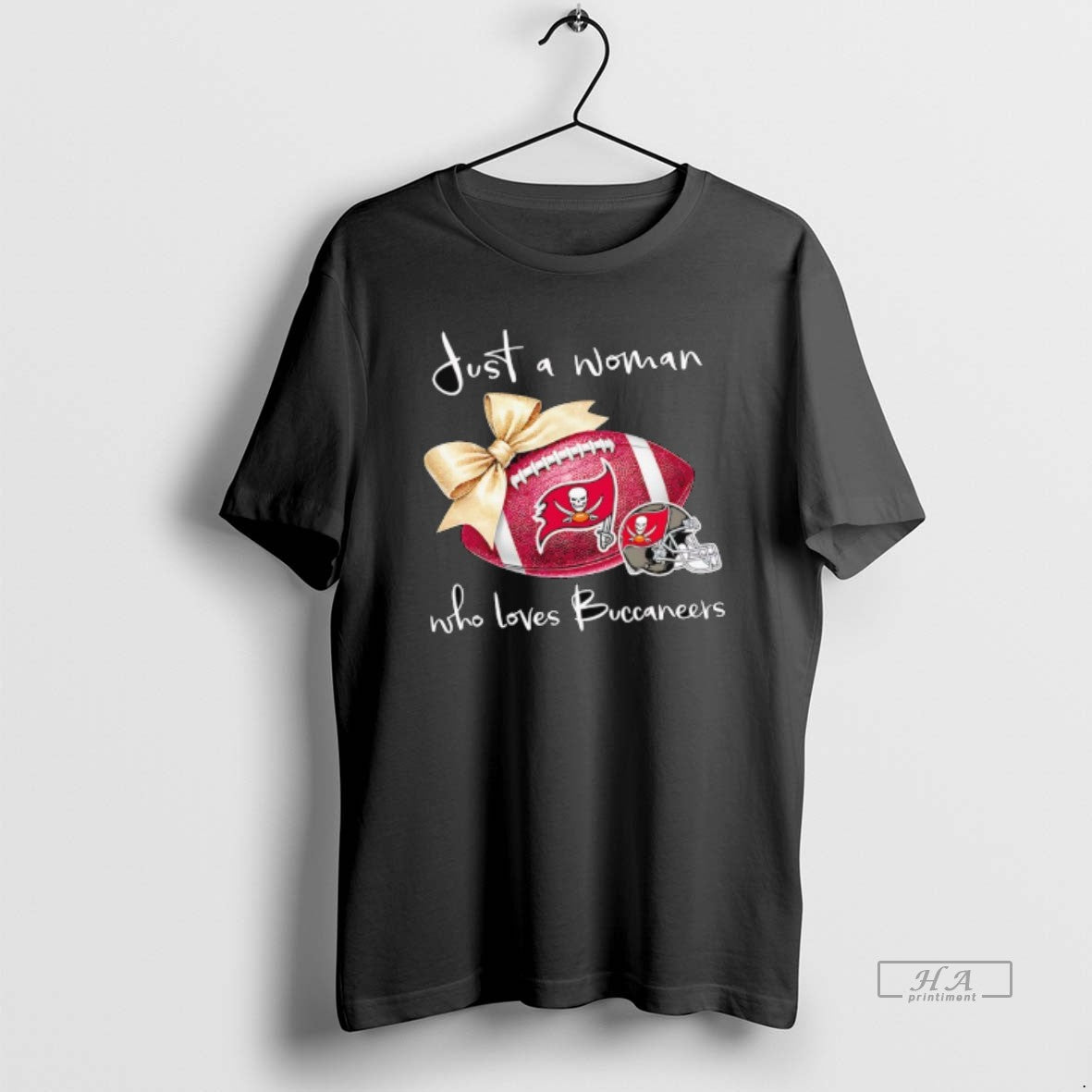 Official Just A Woman Who Loves Tampa Bay Buccaneers Gold Bow Helmet - clothing by TeeHivey.com