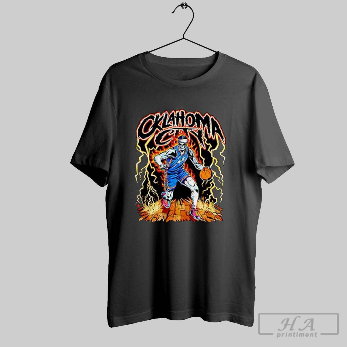 Official Oklahoma City Skeleton Dribbling Basketball On Burning Court Posters Black - clothing by TeeHivey.com