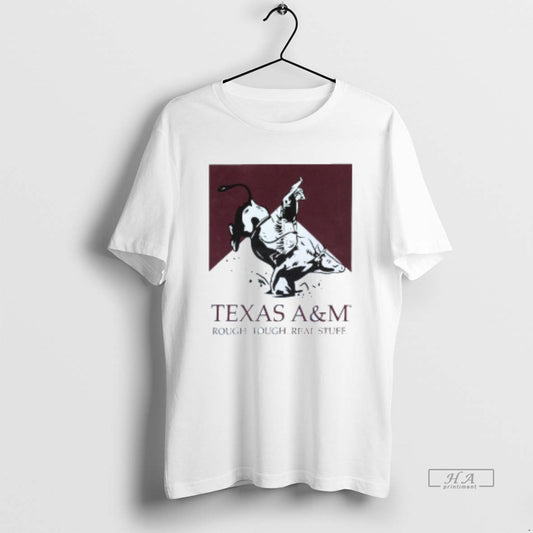 Official Texas Am Aggies Rough Tough Real Stuff Bull Rider Mens White Tee