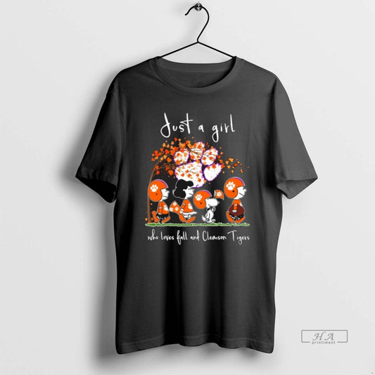 Official Trendy 2025 Just A Girl Who Loves Fall And Love Peanuts Characters Clemson Tigers - clothing by TeeHivey.com