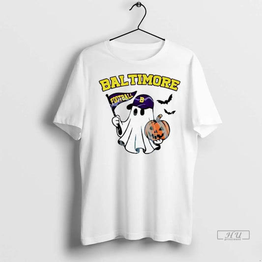 Officials Halloween Ghost Baltimore Ravens Football Flag Pumpkin Ladies T Shirts
