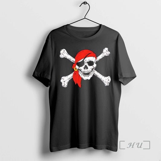 Pirate Jolly Roger Skull Red Bandana Eye Patch Gold Earring Crossbones Graphic Nautical - clothing by TeeHivey.com