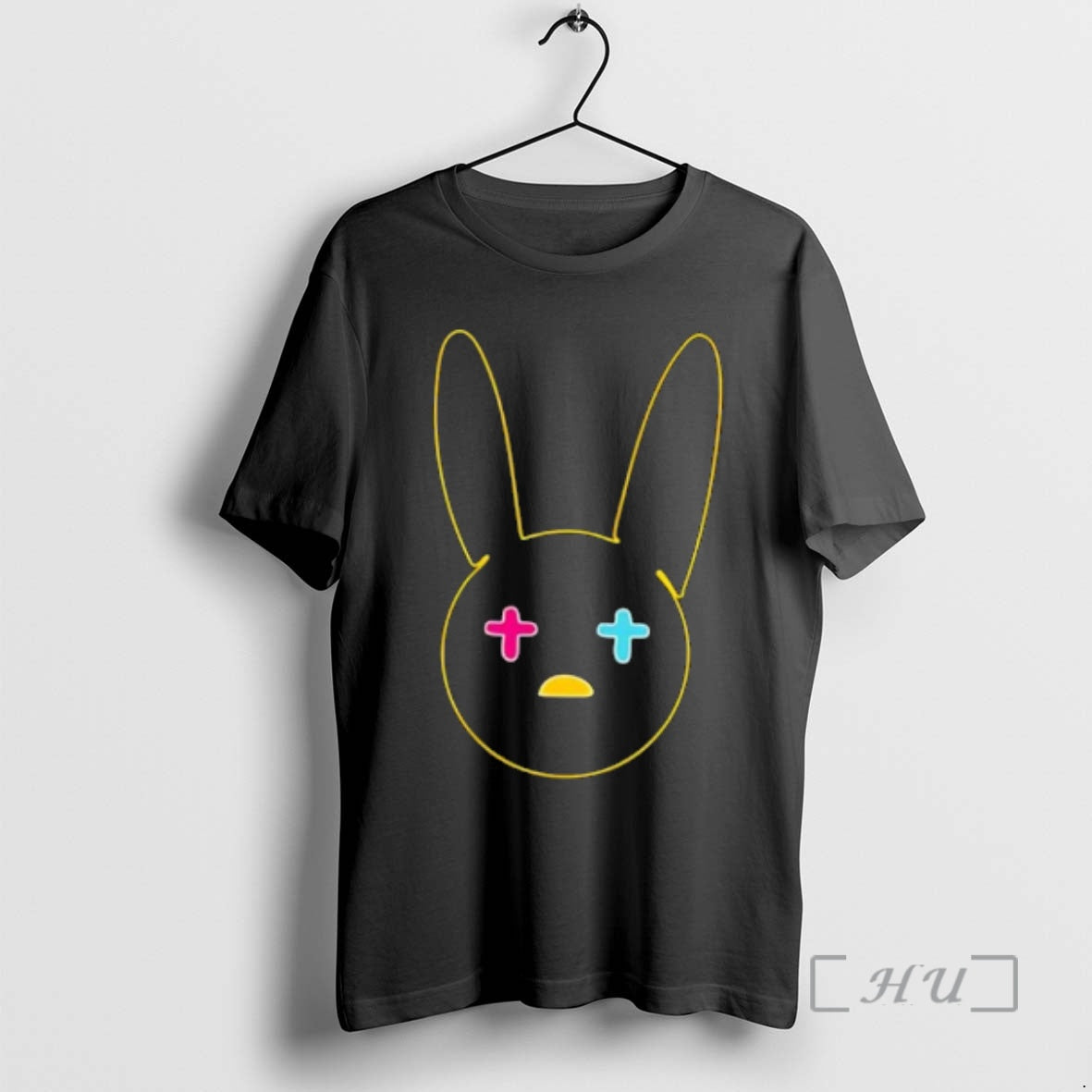 Officials Yellow Neon Outline Bunny Face With Pink Cyan Cross Eyes Premium T Shirts Sweater - clothing by TeeHivey.com