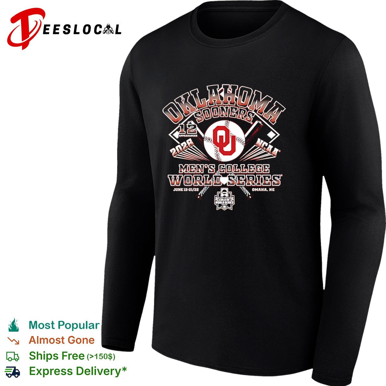 Oklahoma Sooners baseball bats 12 appearances 2026 NCAA Mens College World Series Omaha NE shirt