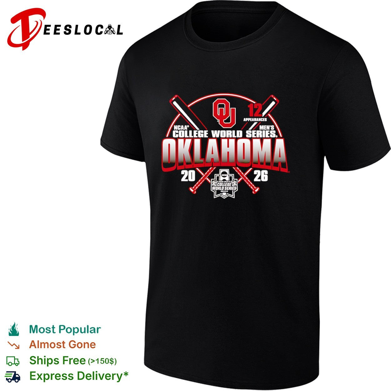 Oklahoma Sooners crossed bats 12 appearances NCAA Mens College World Series 2026 shirt