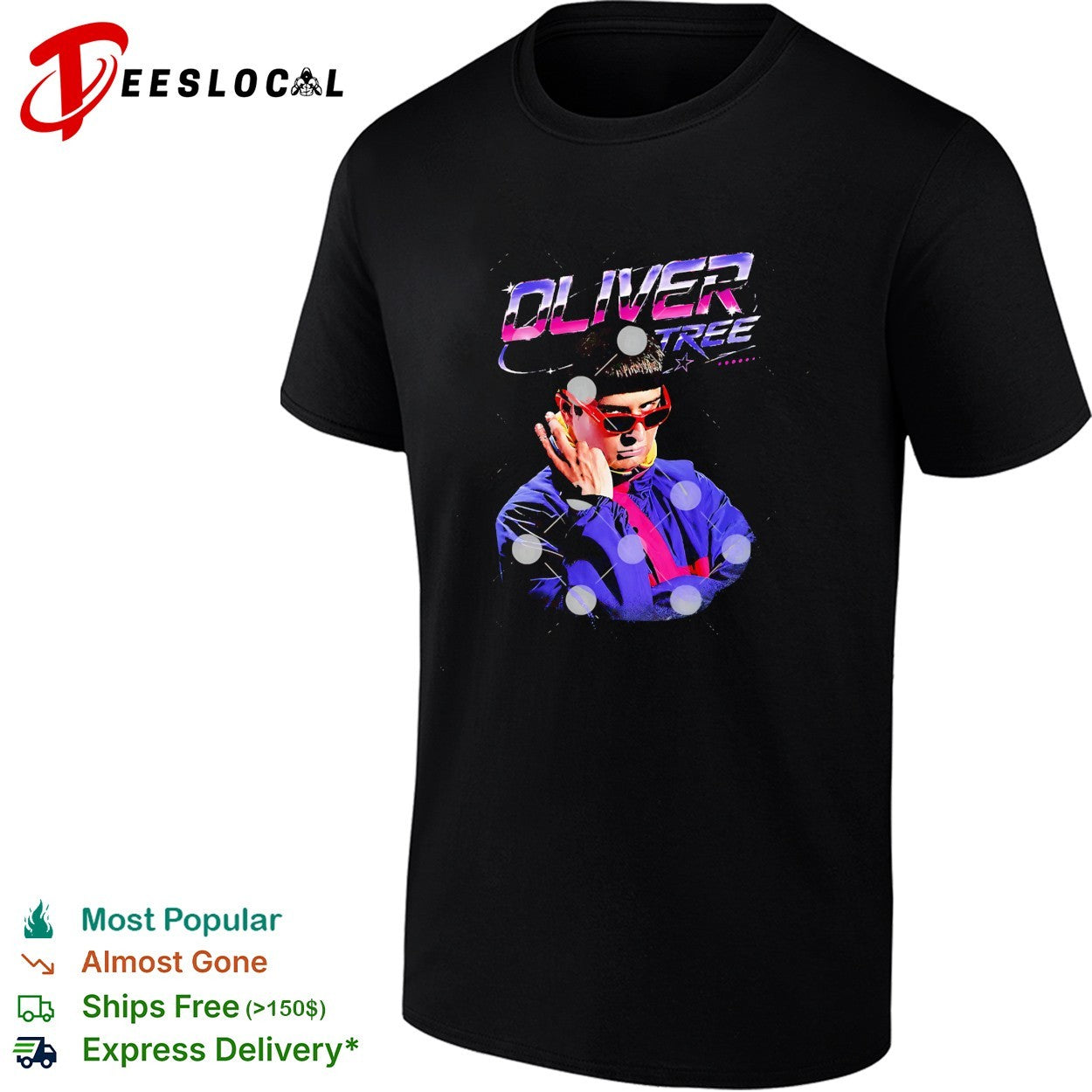Oliver Tree RIP futuristic neon portrait with sunglasses shirt