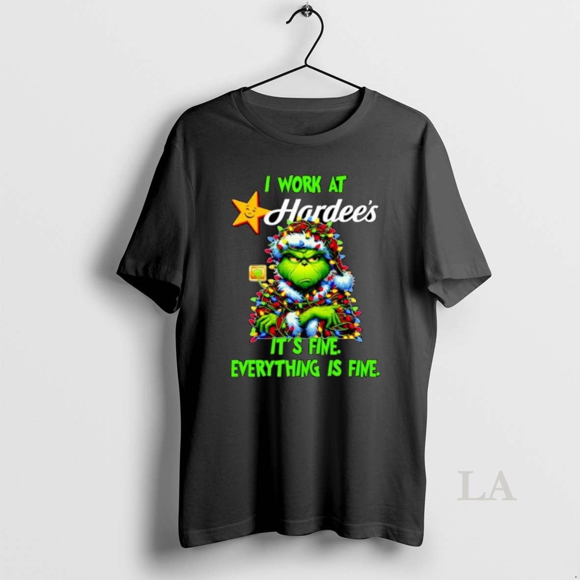 Original Grinch Santa I Work At Hardees Its Fine Everything Is Fine Christmas Lights Ornaments - clothing by TeeHivey.com