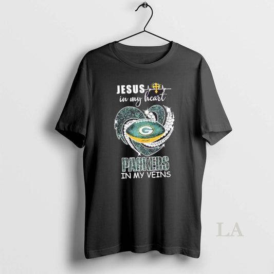 Original Jesus In My Heart Green Bay Packers In My Veins Diamond Heart - clothing by TeeHivey.com
