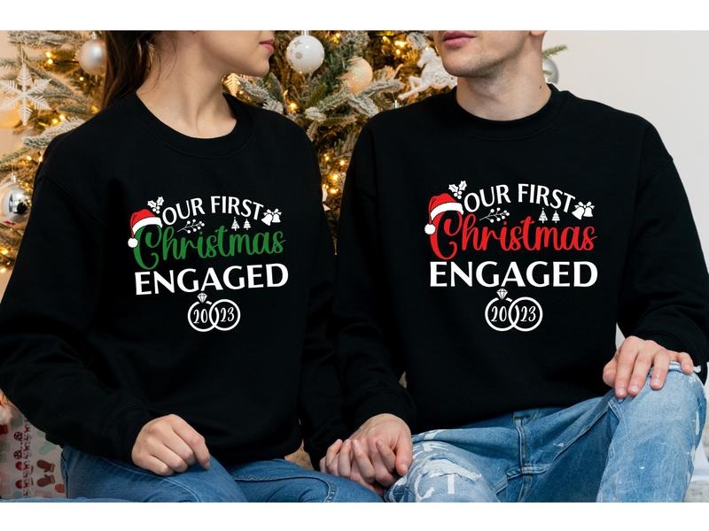 Our First Christmas Engaged 2023 Sweatshirt, Matching Couples Christmas Hoodie, Newly Engaged Christmas Gift Sweatshirt, Fiancée Fiancé Hoodie, Christmas Engagement Announcement Hoodie.