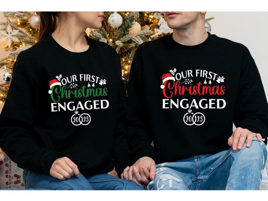 Our First Christmas Engaged 2023 Sweatshirt, Matching Couples Christmas Hoodie, Newly Engaged Christmas Gift Sweatshirt, Fiancée Fiancé Hoodie, Christmas Engagement Announcement Hoodie.