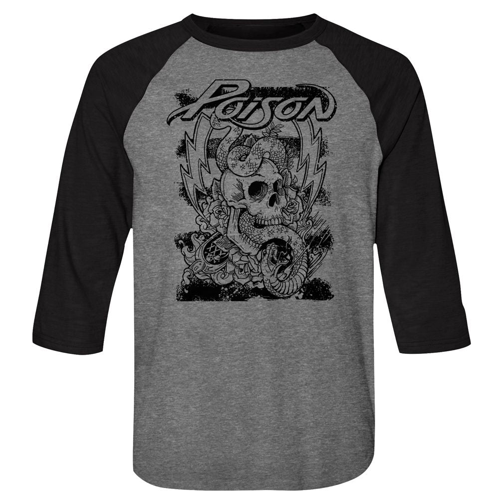 Poison - Skull Snake Lightning - 3/4 Sleeve - Heather - Adult - Raglan Shirt - clothing by TeeHivey.com