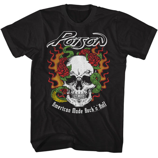 Poison - Flame Skull With Snake - American Classics - Solid Black Adult Short Sleeve T-Shirt (Image 1)