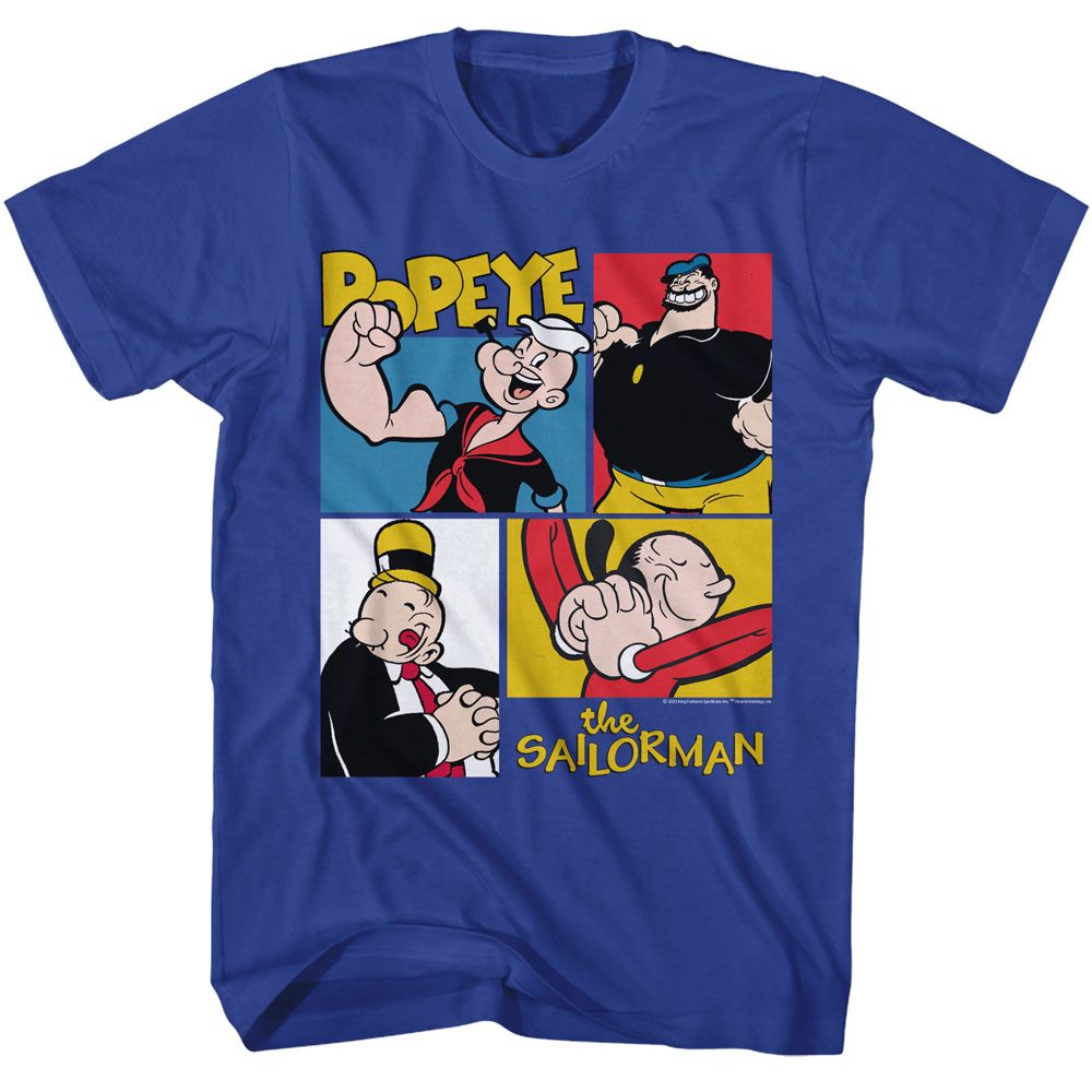 Popeye - Character Squares - American Classics - Solid Blue Adult Short Sleeve T-Shirt - clothing by TeeHivey.com (Image 1)