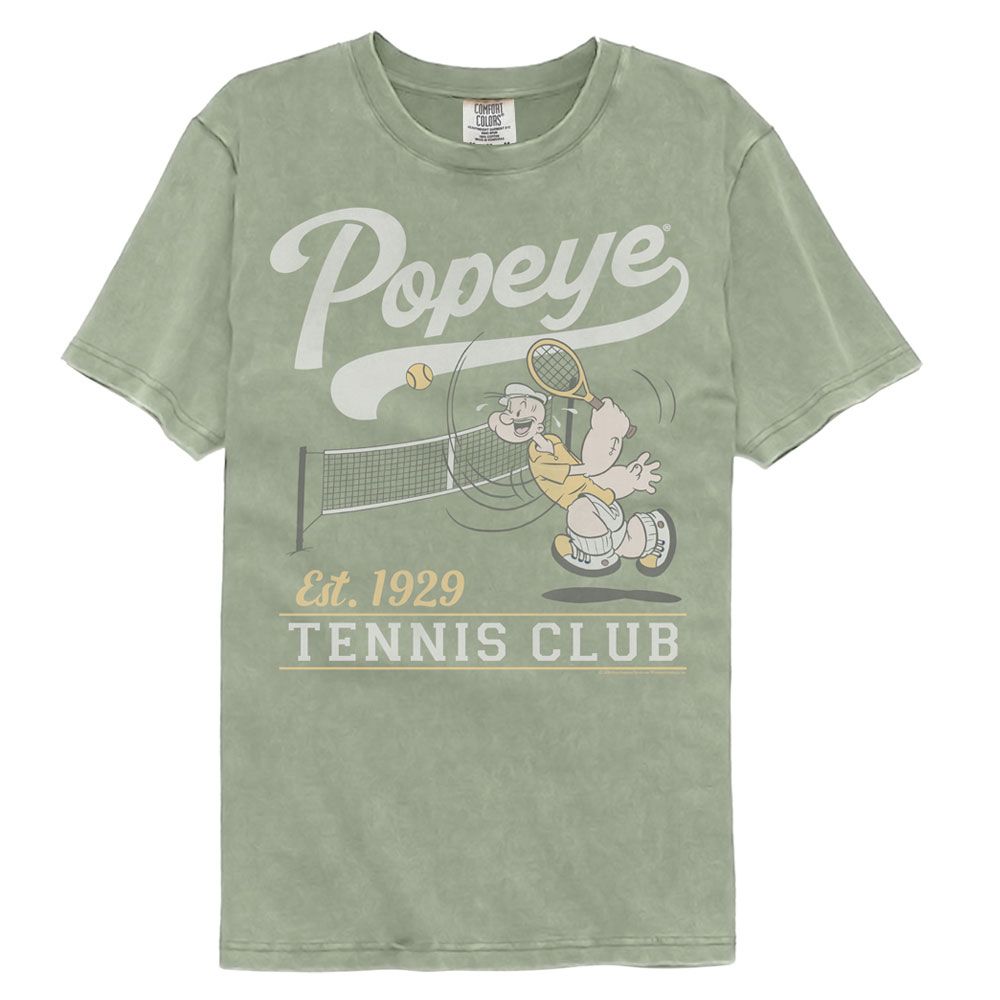 Popeye - Tennis Club Est 1929 - American Classics - Solid Green Adult Short Sleeve Comfort Color T-Shirt (Image 1)