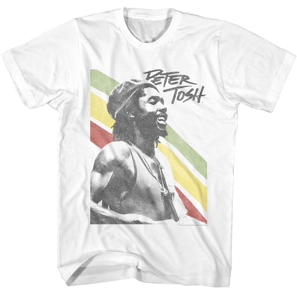 Peter Tosh - Rasta Stripes - American Classics - Solid White Adult Short Sleeve T-Shirt - clothing by TeeHivey.com (Image 1)