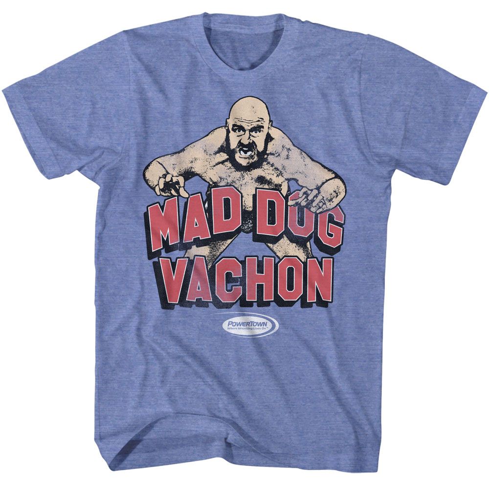 Powertown - Mad Dog Vachon Illustrated - Blue Short Sleeve Heather Adult T-Shirt - clothing by TeeHivey.com (Image 1)