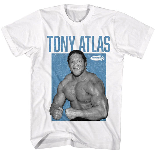 Powertown - Tony Atlas - White Front Print Short Sleeve Solid Adult T-Shirt - clothing by TeeHivey.com (Image 1)