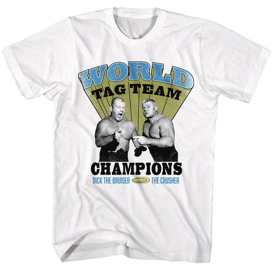 Powertown - Tag Team Champs - White Front Print Short Sleeve Solid Adult T-Shirt - clothing by TeeHivey.com (Image 1)