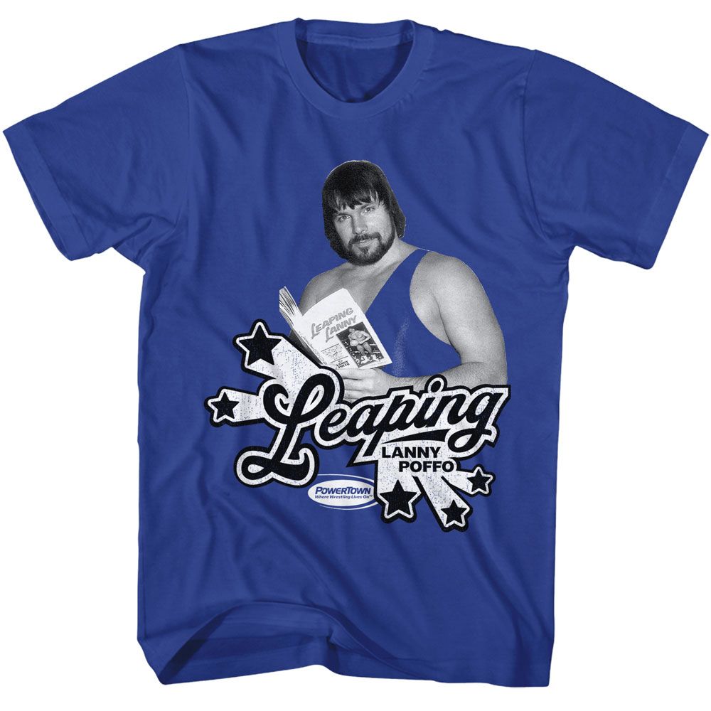 Powertown - Leaping Lanny - Blue Front Print Short Sleeve Solid Adult T-Shirt - clothing by TeeHivey.com (Image 1)
