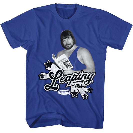 Powertown - Leaping Lanny - Blue Front Print Short Sleeve Solid Adult T-Shirt - clothing by TeeHivey.com (Image 1)