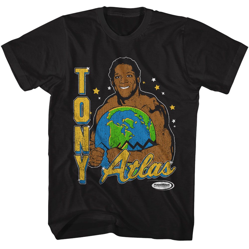 Powertown - Tony Atlas Holding Earth - Black Short Sleeve Adult T-Shirt - clothing by TeeHivey.com (Image 1)