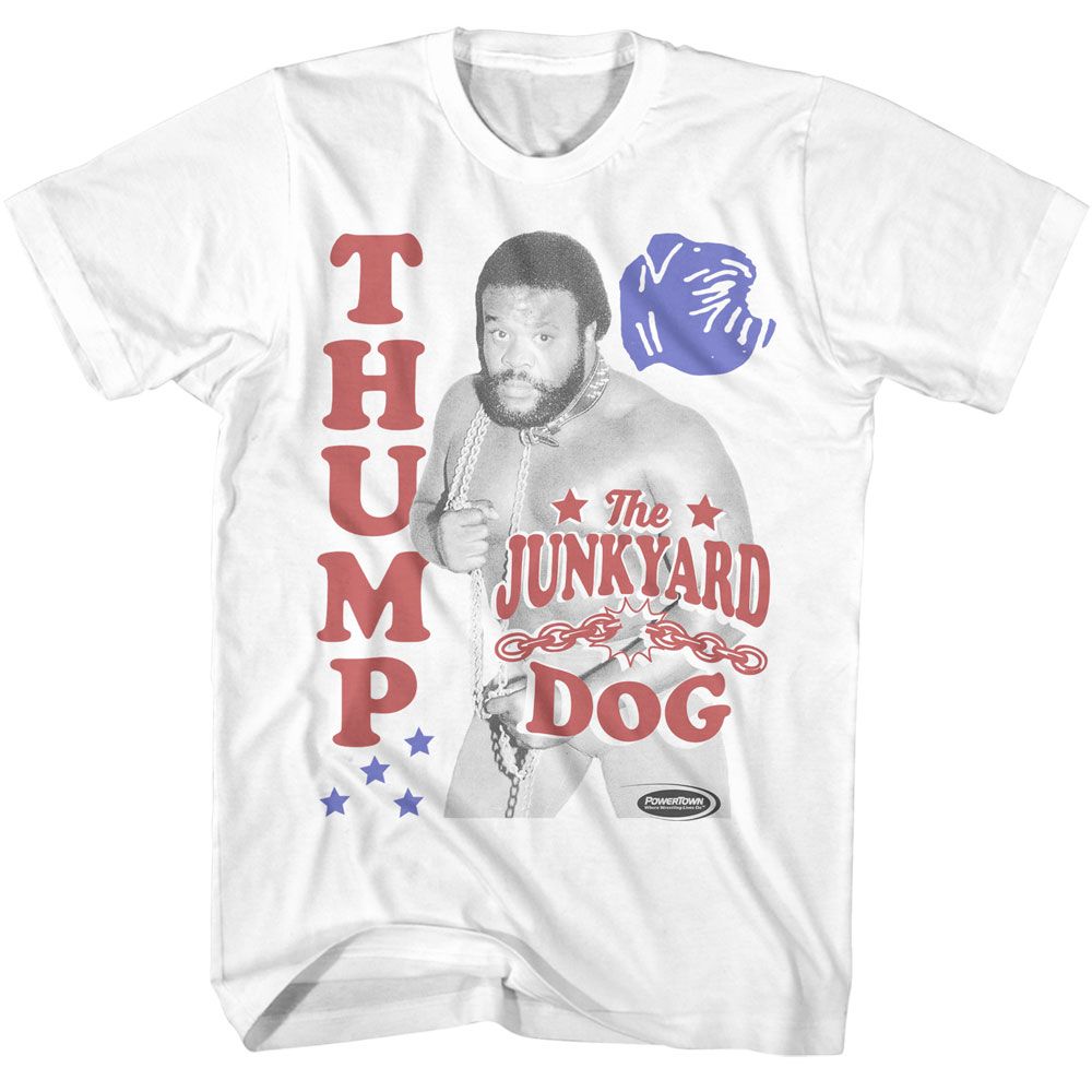 Powertown - Junkyard Dog Thump - White Front Print Short Sleeve Adult T-Shirt - clothing by TeeHivey.com (Image 1)