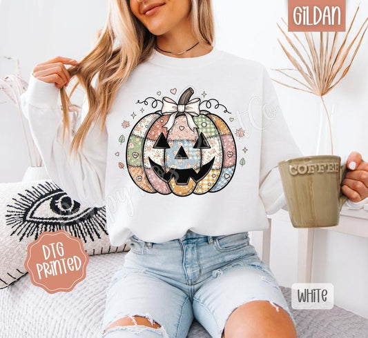 Patch Pumpkin Sweatshirt, Trendy Fall Crewneck