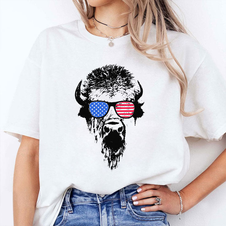Patriotic Buffalo USA Flag American Red White Blue Sunglasses T Shirt