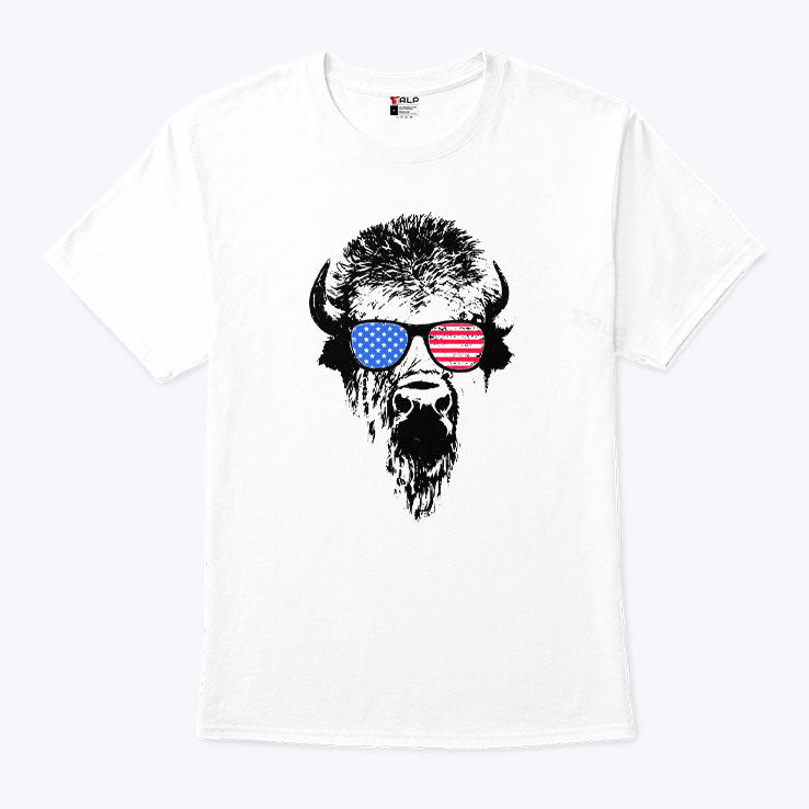 Patriotic Buffalo USA Flag American Red White Blue Sunglasses T Shirt