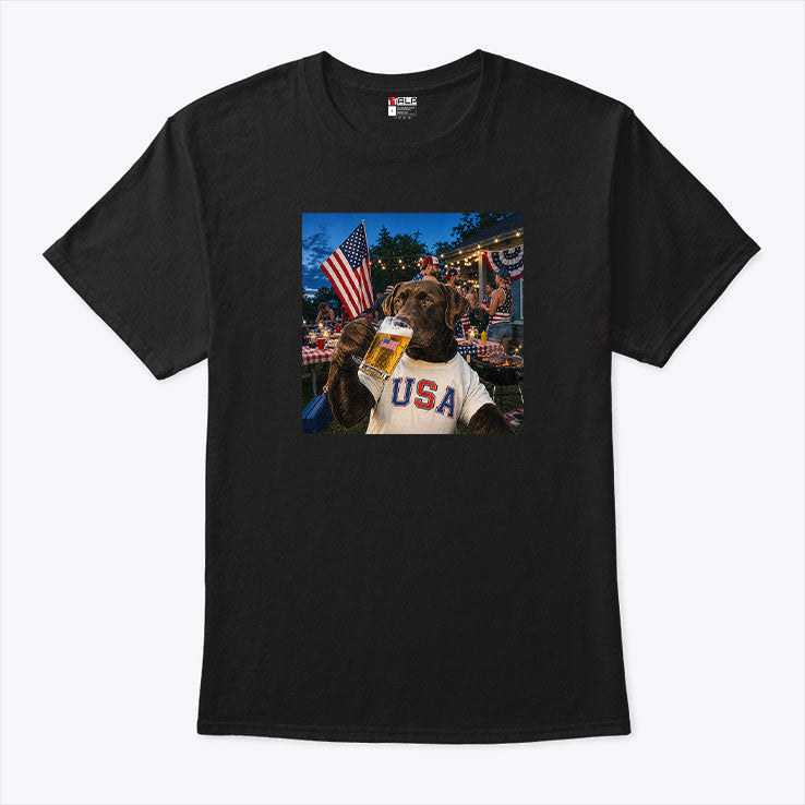 Patriotic Chocolate Lab Drinking Beer USA Dog 4th Of July T Shirt