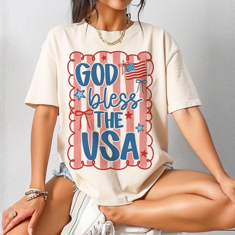 Patriotic Coquette Tshỉt, God Bless The USA Tee, Red White and Blue Shirt, Coquette Shirt, Preppy Patriotic