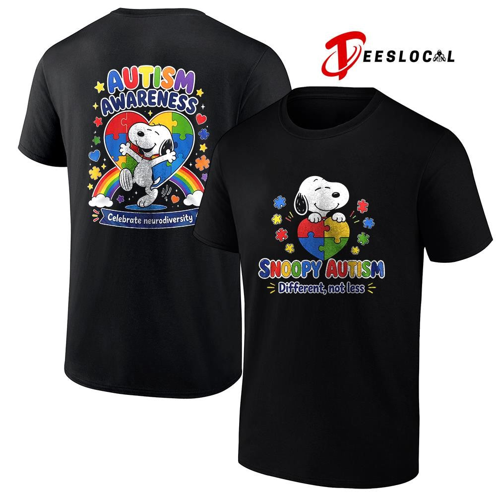 Peanuts Snoopy autism different not less autism awareness celebrate neurodiversity shirt