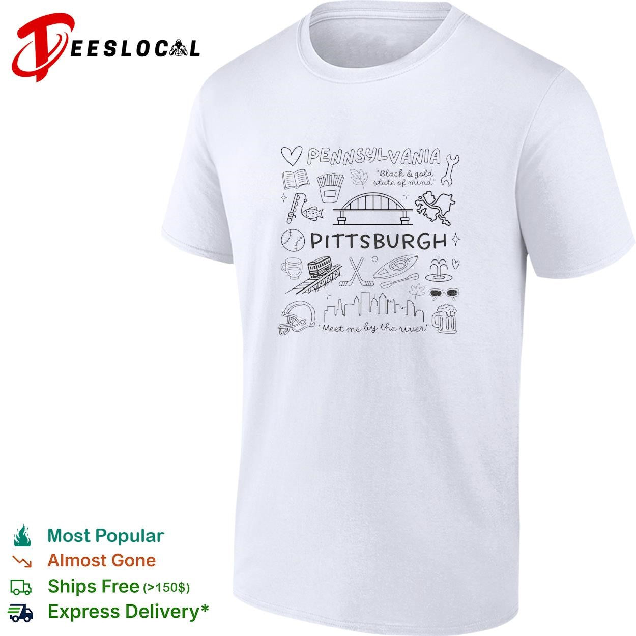 Pennsylvania Pittsburgh black and gold state of mind meet me by the river doodle shirt