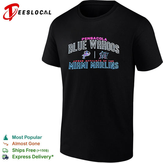 Pensacola Blue Wahoos vs Miami Marlins proud affiliate of the team logos shirt