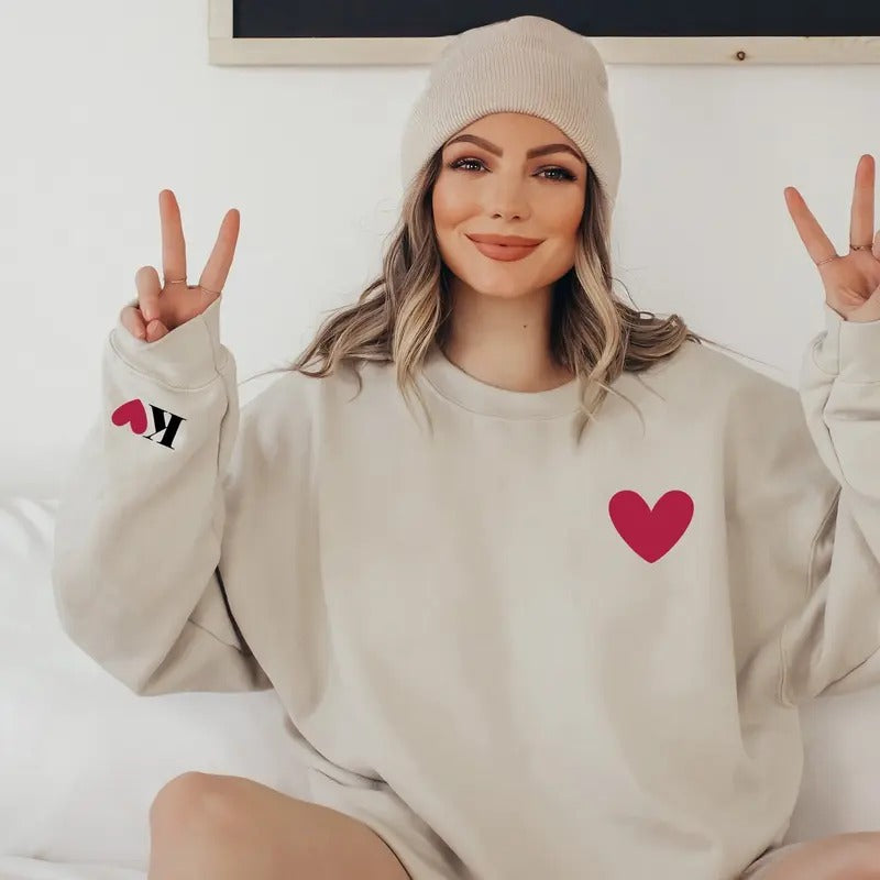Personalized Valentines Sweatshirt for Women with Initial on Sleeve - Fabric, Cotton